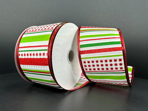 Red, White, Lime, and Green Striped Ribbon