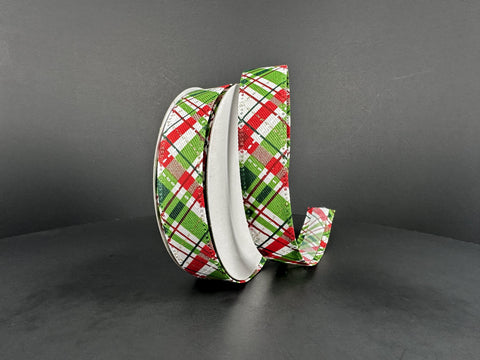 Red, White, Green, and Gold Diagonal Plaid Ribbon