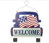 Wooden Sign:  Welcome Flag on Truck